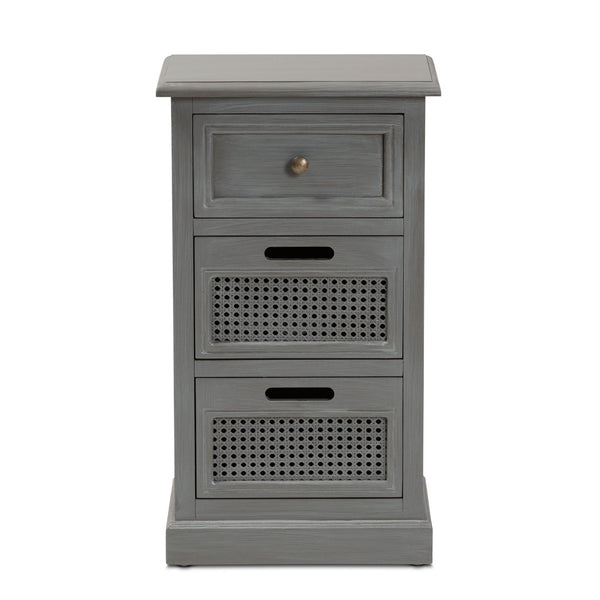 Baxton Studio Baxton Studio Sheldon Vintage Grey 3-Drawer End Table - Modern Design with Rattan Accents for Storage JY20B072-Grey-ET