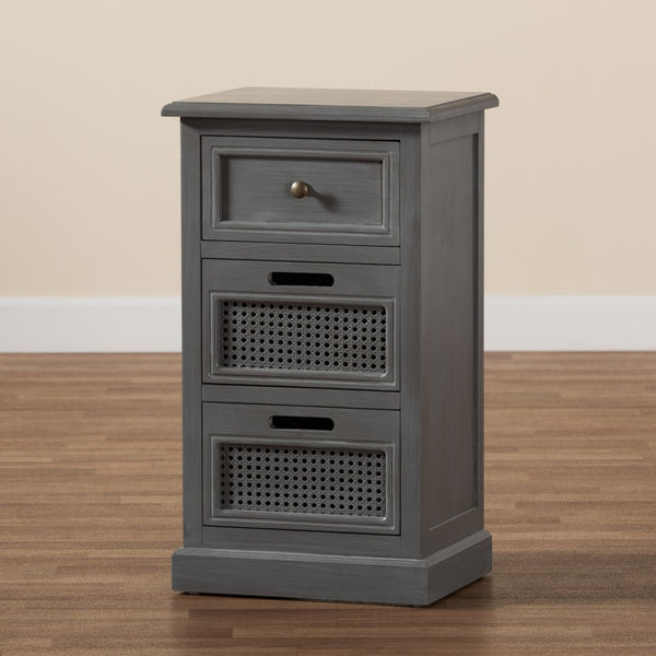 Baxton Studio Baxton Studio Sheldon Vintage Grey 3-Drawer End Table - Modern Design with Rattan Accents for Storage JY20B072-Grey-ET