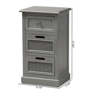 Baxton Studio Baxton Studio Sheldon Vintage Grey 3-Drawer End Table - Modern Design with Rattan Accents for Storage JY20B072-Grey-ET