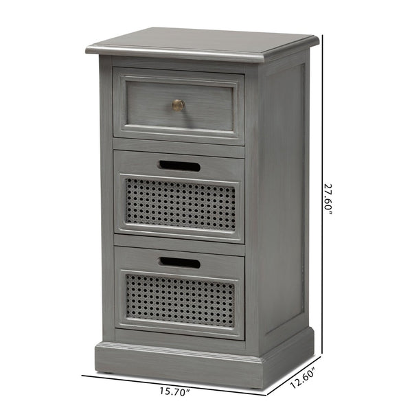 Baxton Studio Baxton Studio Sheldon Vintage Grey 3-Drawer End Table - Modern Design with Rattan Accents for Storage JY20B072-Grey-ET