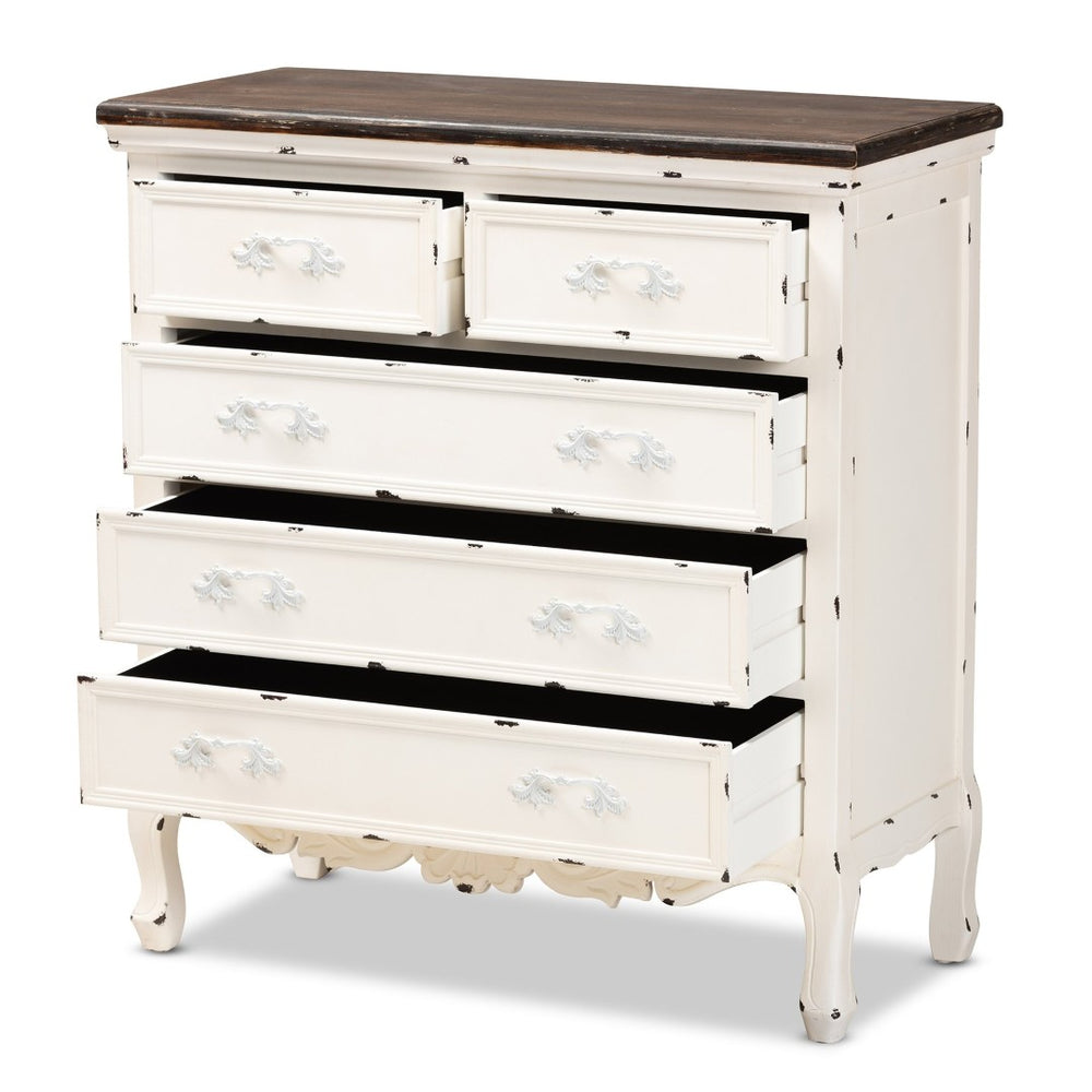 Baxton Studio Baxton Studio Levron Elegant Two-Tone 5-Drawer Storage Cabinet in Walnut Brown & Antique White Finish JY20B089-Antique White-5DW-Cabinet