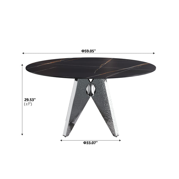 English Elm 59.05" Round Marble Dining Table - Stylish Silver Stainless Steel Base For 6-8 People, Durable Design W1535S00391