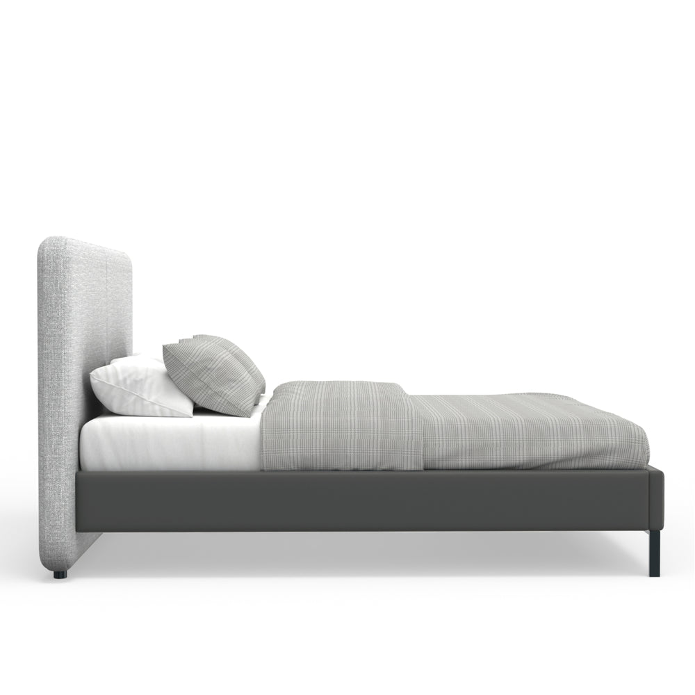 Alpine Furniture Walden Modern Queen Bed With Split Headboard, Linen-Style Upholstery, Faux Leather Trim, Metal Legs Light & Dark Grey 1195Q