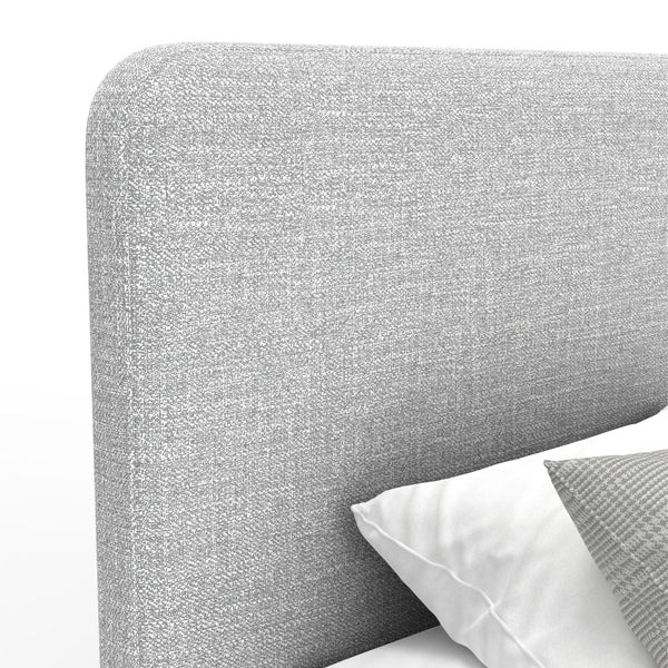 Alpine Furniture Walden Modern Queen Bed With Split Headboard, Linen-Style Upholstery, Faux Leather Trim, Metal Legs Light & Dark Grey 1195Q