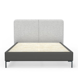 Alpine Furniture Walden Modern Queen Bed With Split Headboard, Linen-Style Upholstery, Faux Leather Trim, Metal Legs Light & Dark Grey 1195Q