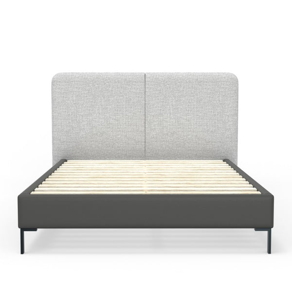 Alpine Furniture Walden Modern Queen Bed With Split Headboard, Linen-Style Upholstery, Faux Leather Trim, Metal Legs Light & Dark Grey 1195Q