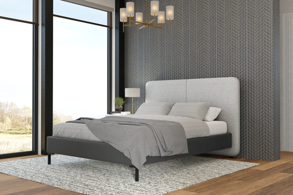 Alpine Furniture Walden Modern King Platform Bed With Split Upholstered Headboard, Faux Leather Rails, Sturdy Metal Legs Light & Dark Grey 1195EK