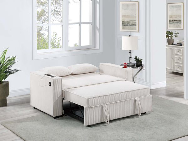 English Elm Beige Convertible Corduroy 2-Seat Sleeper Sofa with Cup Holders, USB Ports & Throw Pillows — Cozy B011S01585