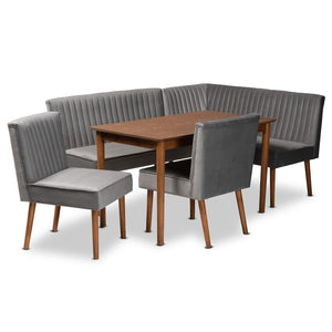 Baxton Studio Baxton Studio Alvis Dining Nook Set - Mid-Century Modern Grey Velvet & Walnut Wood for Cozy Spaces 5-Piece BBT8063-Grey Velvet/Walnut-5PC Dining Nook Set