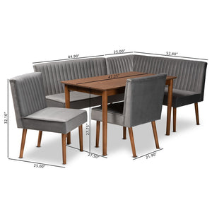 Baxton Studio Baxton Studio Alvis Dining Nook Set - Mid-Century Modern Grey Velvet & Walnut Wood for Cozy Spaces 5-Piece BBT8063-Grey Velvet/Walnut-5PC Dining Nook Set