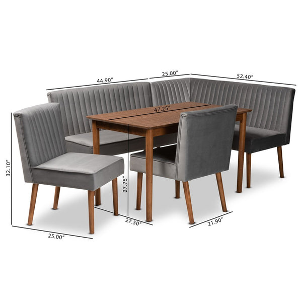 Baxton Studio Baxton Studio Alvis Dining Nook Set - Mid-Century Modern Grey Velvet & Walnut Wood for Cozy Spaces 5-Piece BBT8063-Grey Velvet/Walnut-5PC Dining Nook Set