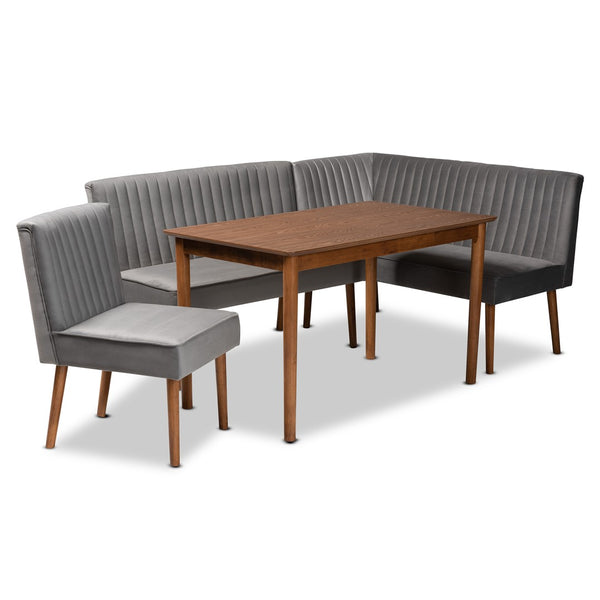Baxton Studio Baxton Studio Alvis Dining Nook Set - Mid-Century Modern Grey Velvet & Walnut Wood for Cozy Spaces 4-Piece BBT8063-Grey Velvet/Walnut-4PC Dining Nook Set