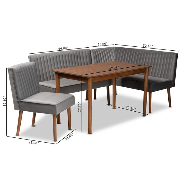Baxton Studio Baxton Studio Alvis Dining Nook Set - Mid-Century Modern Grey Velvet & Walnut Wood for Cozy Spaces 4-Piece BBT8063-Grey Velvet/Walnut-4PC Dining Nook Set
