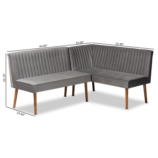 Baxton Studio Baxton Studio Alvis Stylish Grey Velvet Dining Nook Set with Walnut Legs for Cozy Spaces BBT8063-Grey Velvet/Walnut-2PC SF Bench