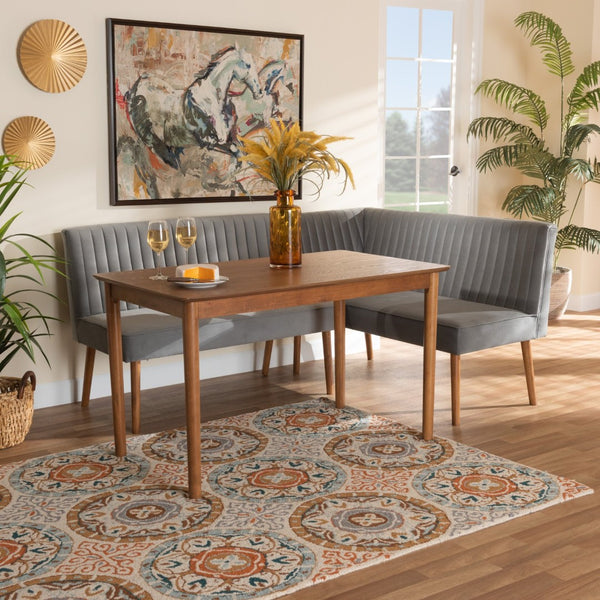 Baxton Studio Baxton Studio Alvis 3-Piece Mid-Century Velvet Dining Nook Set, Walnut Brown Wood & Comfort Design BBT8063-Grey Velvet/Walnut-3PC Dining Nook Set