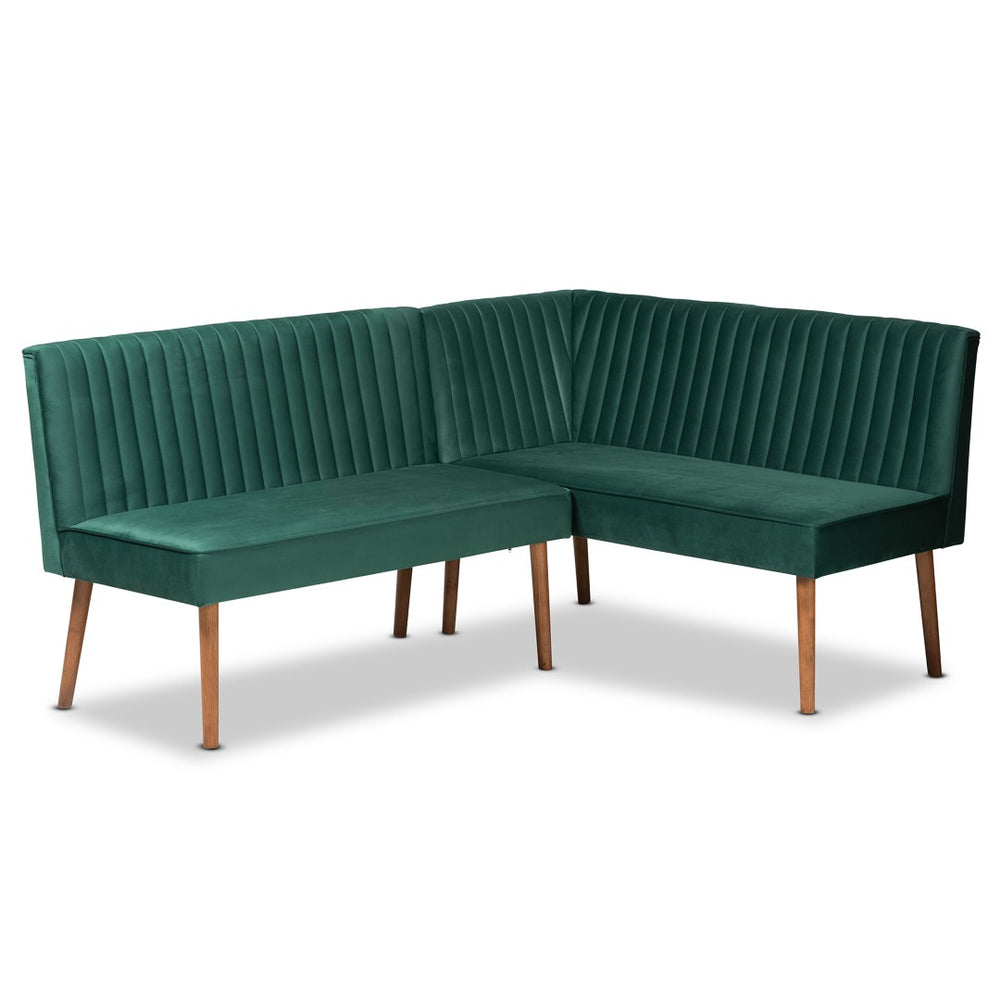Baxton Studio Baxton Studio Alvis Emerald Green Velvet Dining Nook Banquette Set with Walnut Wood Finish, 2-Piece BBT8063-Emerald Velvet/Walnut-2PC SF Bench