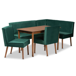 Baxton Studio Baxton Studio Alvis Mid-Century Modern Velvet Dining Nook Set in Emerald Green & Walnut Finish 5-Piece BBT8063-Emerald Velvet/Walnut-5PC Dining Nook Set