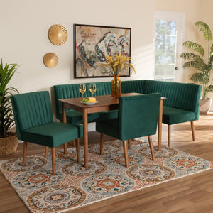 Baxton Studio Baxton Studio Alvis Mid-Century Modern Velvet Dining Nook Set in Emerald Green & Walnut Finish 5-Piece BBT8063-Emerald Velvet/Walnut-5PC Dining Nook Set
