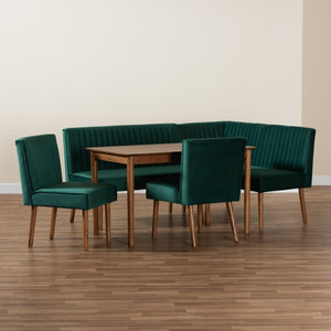Baxton Studio Baxton Studio Alvis Mid-Century Modern Velvet Dining Nook Set in Emerald Green & Walnut Finish 5-Piece BBT8063-Emerald Velvet/Walnut-5PC Dining Nook Set