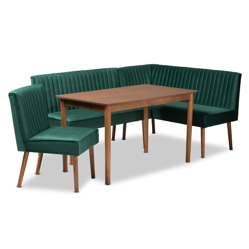 Baxton Studio Baxton Studio Alvis Mid-Century Modern Velvet Dining Nook Set in Emerald Green & Walnut Finish 4-Piece BBT8063-Emerald Velvet/Walnut-4PC Dining Nook Set