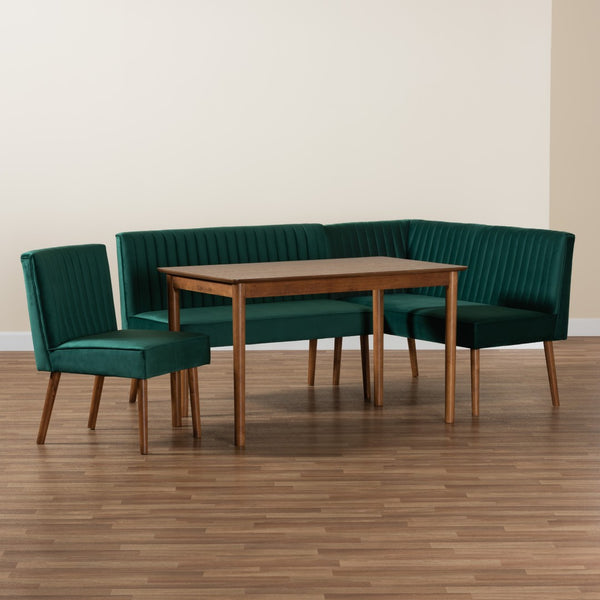 Baxton Studio Baxton Studio Alvis Mid-Century Modern Velvet Dining Nook Set in Emerald Green & Walnut Finish 4-Piece BBT8063-Emerald Velvet/Walnut-4PC Dining Nook Set