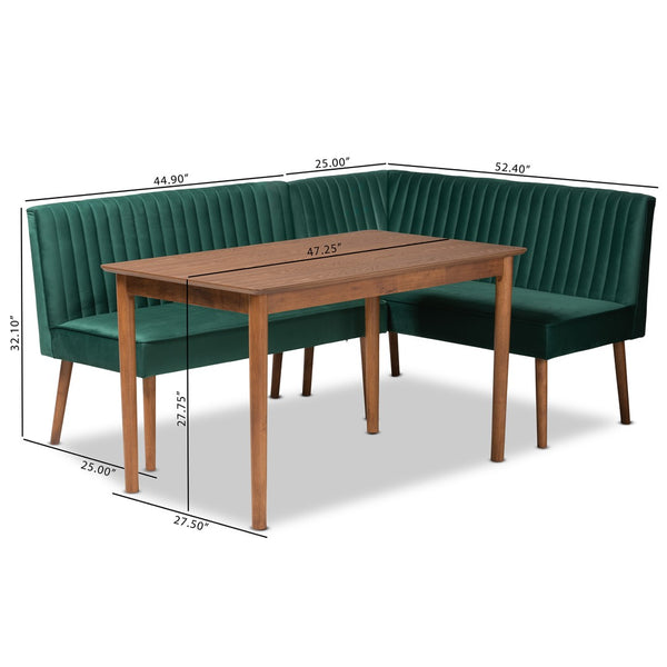 Baxton Studio Baxton Studio Alvis Mid-Century Modern Velvet Dining Nook Set in Emerald Green & Walnut Finish 3-Piece BBT8063-Emerald Velvet/Walnut-3PC Dining Nook Set