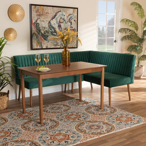 Baxton Studio Baxton Studio Alvis Mid-Century Modern Velvet Dining Nook Set in Emerald Green & Walnut Finish 3-Piece BBT8063-Emerald Velvet/Walnut-3PC Dining Nook Set