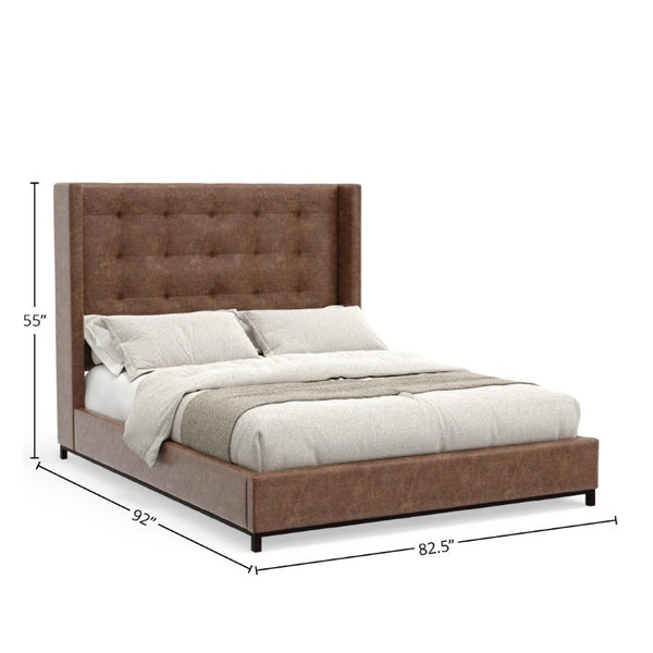 Alpine Furniture Mundo California King Bed With Tufted Wingback Headboard, Brown Faux Suede, Low-Profile Platform Frame 1196CK