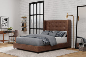 Alpine Furniture Mundo California King Bed With Tufted Wingback Headboard, Brown Faux Suede, Low-Profile Platform Frame 1196CK