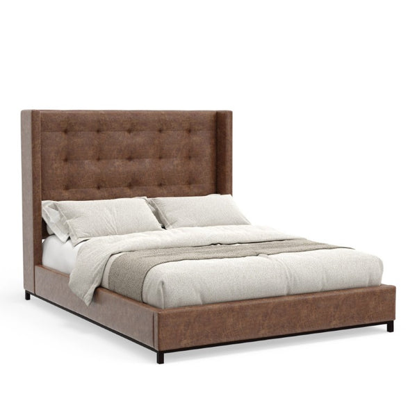 Alpine Furniture Mundo California King Bed With Tufted Wingback Headboard, Brown Faux Suede, Low-Profile Platform Frame 1196CK