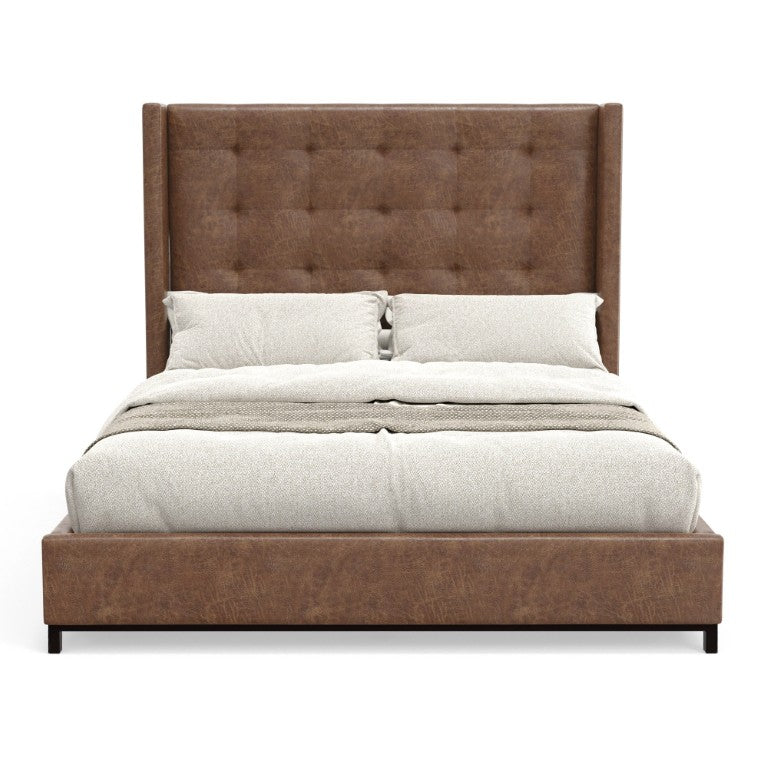 Alpine Furniture Mundo Tufted Wingback Bed With Luxe Faux Suede Leather Upholstery, Low-Profile Platform Frame Brown 1196EK
