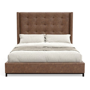 Alpine Furniture Mundo Tufted Wingback Full Platform Bed With Faux Suede Upholstery, Low-Profile Modern Design Brown 1196F
