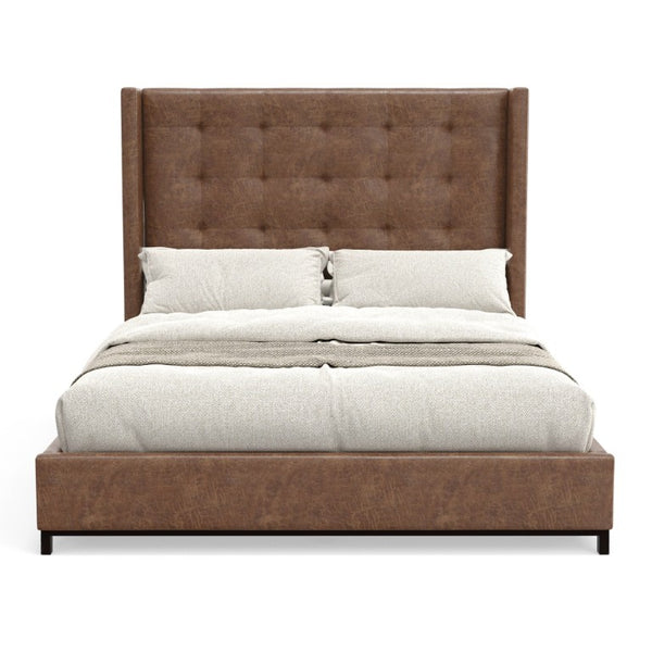 Alpine Furniture Mundo Tufted Wingback Full Platform Bed With Faux Suede Upholstery, Low-Profile Modern Design Brown 1196F
