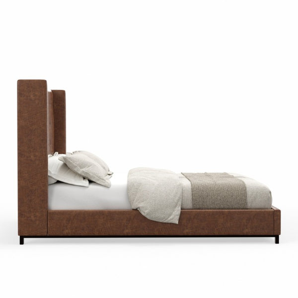 Alpine Furniture Mundo Tufted Wingback Full Platform Bed With Faux Suede Upholstery, Low-Profile Modern Design Brown 1196F