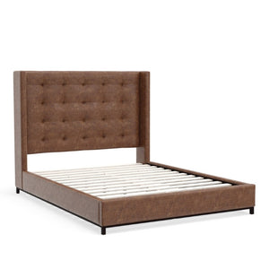 Alpine Furniture Mundo Tufted Wingback Queen Bed With Faux Suede Upholstery, Low-Profile Platform, Sturdy Slat Support Brown 1196Q