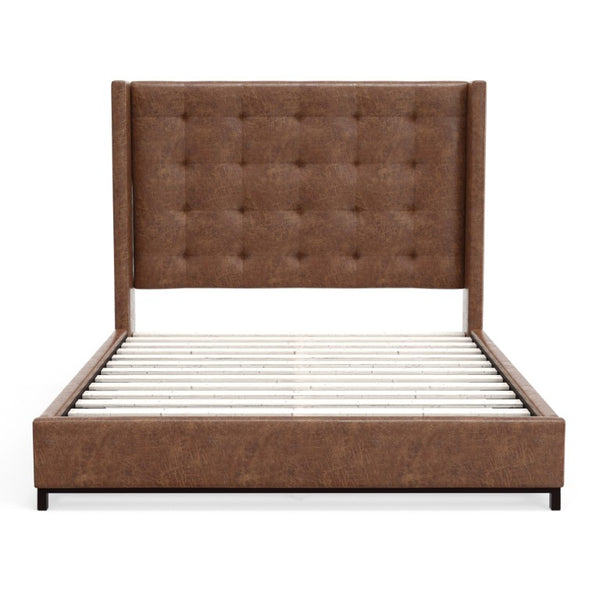 Alpine Furniture Mundo Tufted Wingback Queen Bed With Faux Suede Upholstery, Low-Profile Platform, Sturdy Slat Support Brown 1196Q