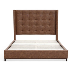 Alpine Furniture Mundo Tufted Wingback Full Platform Bed With Faux Suede Upholstery, Low-Profile Modern Design Brown 1196F
