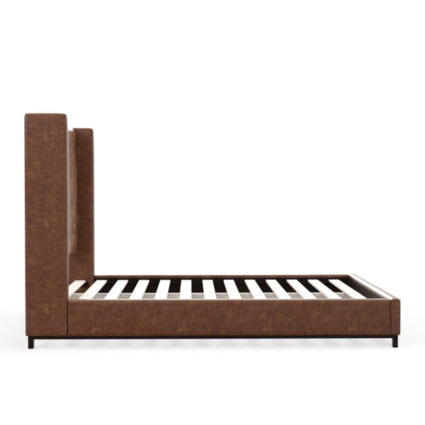 Alpine Furniture Mundo Tufted Wingback Full Platform Bed With Faux Suede Upholstery, Low-Profile Modern Design Brown 1196F