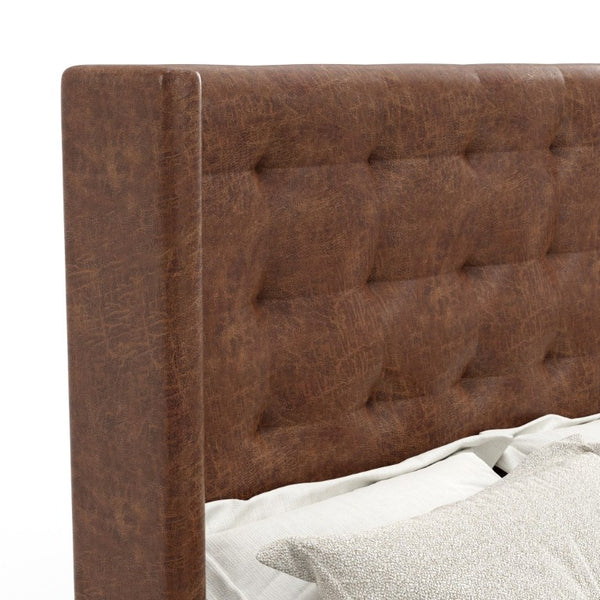 Alpine Furniture Mundo California King Bed With Tufted Wingback Headboard, Brown Faux Suede, Low-Profile Platform Frame 1196CK