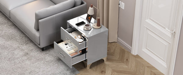 English Elm High Gloss Mirrored 2 Drawer Nightstand Slim Metal Legs Modern Bedroom Side Table Grey W5271P416536