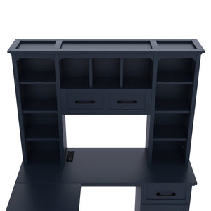 English Elm L-Shaped Corner Desk with 3 Cabinets, 2 Drawers & 11 Shelves, Built-In Power Outlet for Home Office Antique Blue W1580S00190