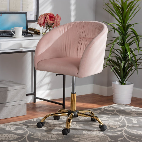 Baxton Studio Baxton Ravenna Luxe Blush Pink Velvet Swivel Office Chair with Gold Metal Base – Contemporary Glam Design DC168-Blush Velvet/Gold-Office Chair