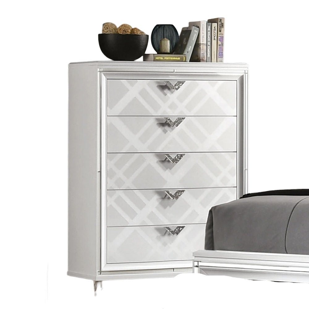 English Elm White White Finish Contemporary 1pc Chest with Art Deco Embossed Pattern, Acrylic Legs, Jewel Pulls B2741P368950