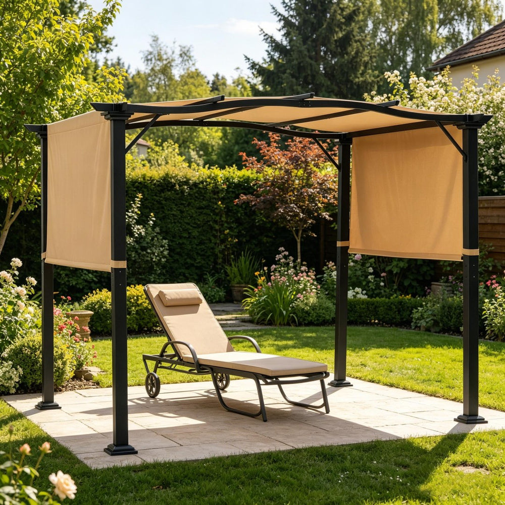 English Elm Backyard European Pergola with Retractable Uv Canopy and Powder Coated Steel Frame T3971S00232
