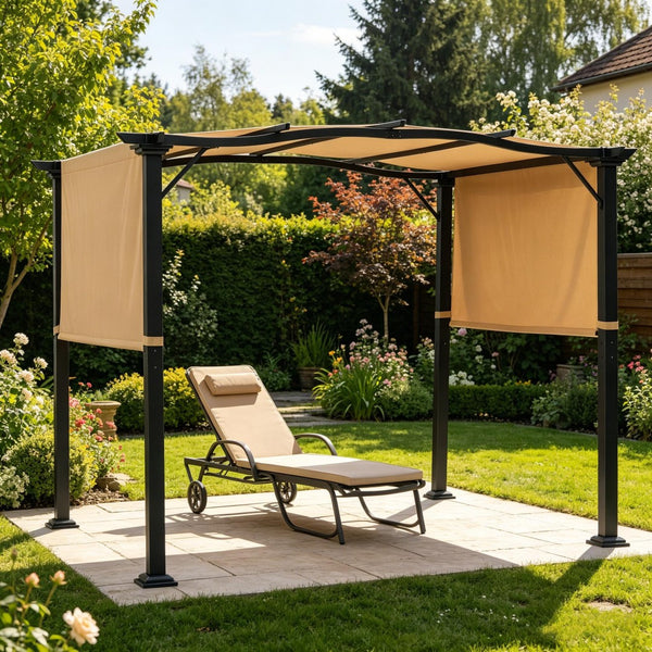 English Elm Backyard European Pergola with Retractable Uv Canopy and Powder Coated Steel Frame T3971S00232