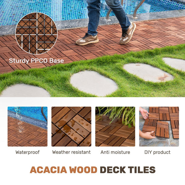English Elm Acacia Wood Interlocking Deck Tiles, 30 Pcs 12" X 12" Durable Outdoor Flooring For Patios & Pools W2391P272587