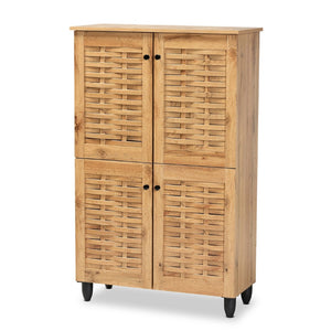 Baxton Studio Baxton Winda Modern Oak Brown 4-Door Shoe Storage Cabinet with Adjustable Shelves & Airflow Design SC864574 B-Wotan Oak