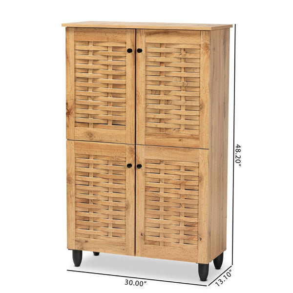 Baxton Studio Baxton Winda Modern Oak Brown 4-Door Shoe Storage Cabinet with Adjustable Shelves & Airflow Design SC864574 B-Wotan Oak