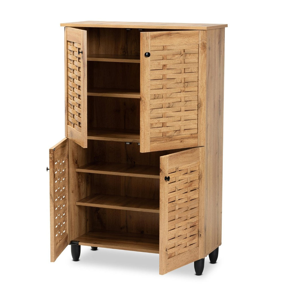 Baxton Studio Baxton Winda Modern Oak Brown 4-Door Shoe Storage Cabinet with Adjustable Shelves & Airflow Design SC864574 B-Wotan Oak