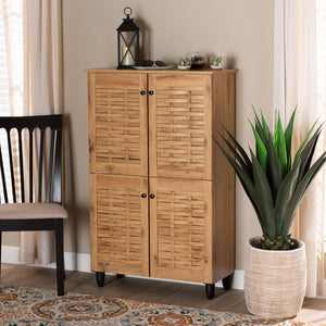 Baxton Studio Baxton Winda Modern Oak Brown 4-Door Shoe Storage Cabinet with Adjustable Shelves & Airflow Design SC864574 B-Wotan Oak